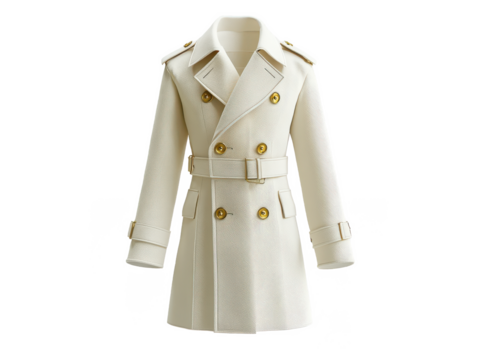 A cream colored trench coat with gold buttons and a belt isolated on a Transparent Background