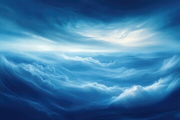 A serene, ethereal seascape of swirling blue clouds under a vast, dramatic sky.