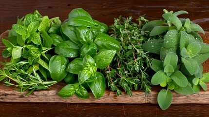 Fototapeta premium Fresh green herbs arrangement: mint, basil, thyme, rosemary, sage on rustic wooden board