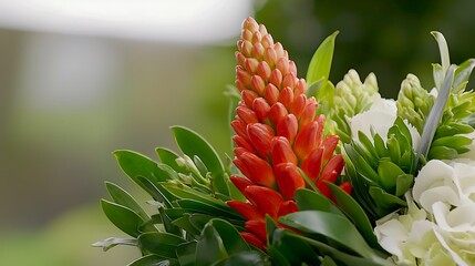 Fototapeta premium Floral arrangement close-up, vibrant colors against a blurred green background, suitable for decorations