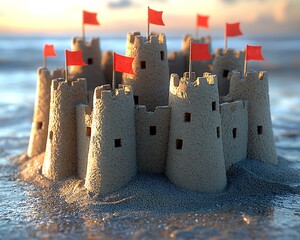 A meticulously constructed sandcastle stands proudly with red flags displayed