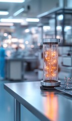Illuminated cylindrical device on a lab table, within a sterile, high-tech facility
