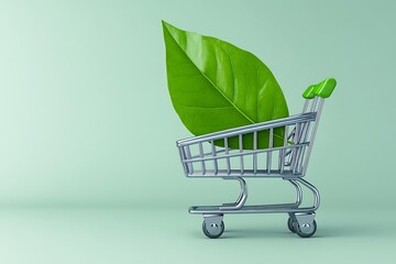 Cart with leaf icon, symbol of eco-friendly shopping and green products, with text.