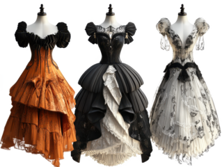 Three victorian dresses on mannequins in orange black and white standing side by side fashion design, Transparent Background