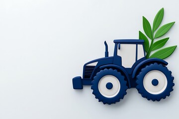 Tractor and leaf in blue-grey color on white background, white outline, no shadows, text.