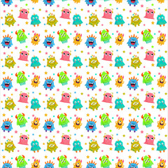 Obraz premium Funny Cartoon Monsters Seamless Pattern – Vector FileОписание: A playful and colorful seamless pattern featuring funny cartoon monsters. 