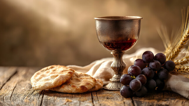 Holy Communion – Bread and Wine on a Rustic Linen Cloth, Symbolizing the Lord’s Supper