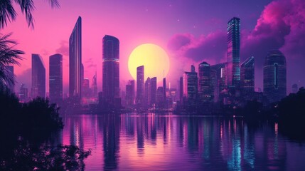 Obraz premium Neon Cityscape at Sunset: A Futuristic Metropolis by the Lake
