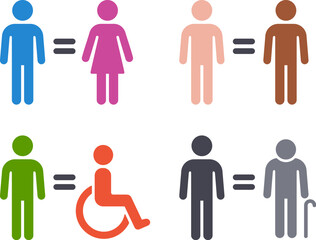 Equality icons set with simple human figures. Gender, race, age and ability tolerance. Social justice and employment equity. Vector symbols illustration.