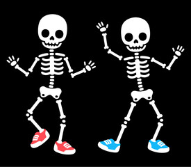 Funny cartoon dancing skeletons wearing sneakers on black background. Simple and cute Halloween clipart illustration.