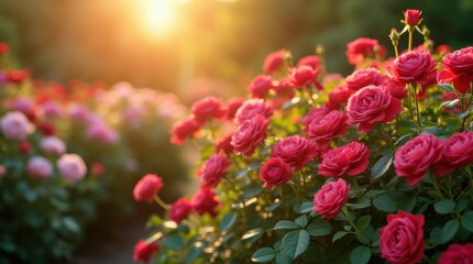 A breathtaking rose garden in full bloom, with vibrant pink, red, and white roses covering lush green bushes