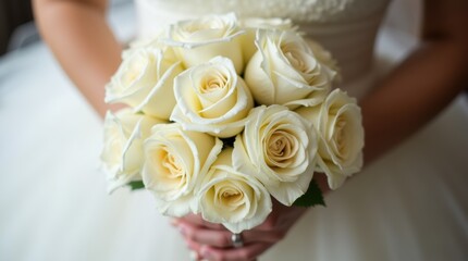 Obraz premium A bride holding a classic white rose bouquet, the soft petals complementing her elegant wedding dress