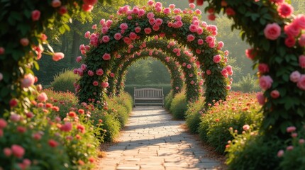 Fototapeta premium A charming pathway winding through a rose garden, lined with archways covered in climbing roses