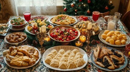 Fototapeta premium A lavish table filled with an array of traditional Uzbek dishes highlight vibrant colors and rich flavors, creating a festive ambiance perfect for gatherings during a special occasion