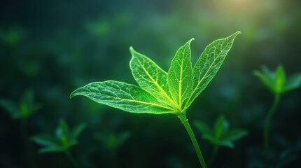 Close-up of a high-tech lab experiment with a glowing green leaf connected to a futuristic digital interface, representing bioengineering, plant research, and agricultural innovation