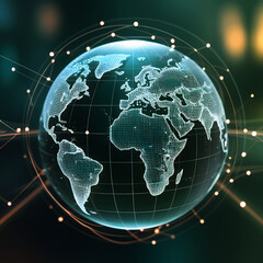 Naklejka premium Global Connectivity Concept — Illuminated Earth Globe with Interconnected Data Nodes and Light Trails