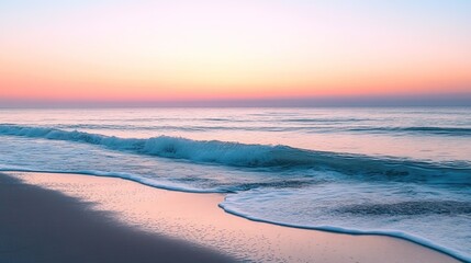 Fototapeta premium Serene Beach at Sunrise with Soft Waves Gently Lapping the Shore, Creating a Peaceful Start to the Day