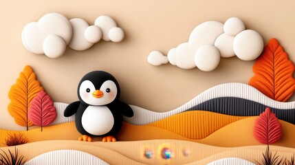 A soft plush penguin waddling across a quilted landscape of patchwork hills, cozy and nostalgic, warm beige background.