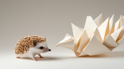 Obraz premium A tiny hedgehog exploring a world of oversized origami animals, folded and imaginative, light cream background.