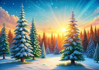 Naklejka premium Festive Christmas Tree Landscape: Snowy Pine Forest Winter Wonderland