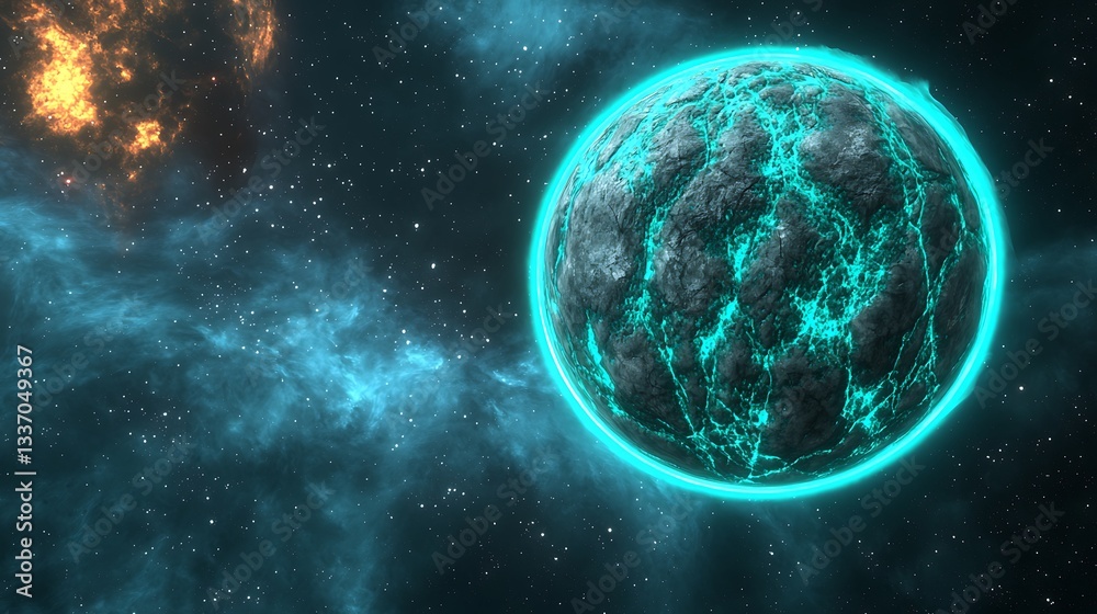 Wall mural glowing planet floats through space with exploding star, background for science fiction