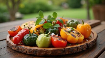 A rustic wooden platter filled with freshly grilled meat, garnished with herbs and roasted vegetables, placed on a wooden table outdoors