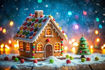 Festive Gingerbread House with Candy Decorations and Twinkling Lights - Stock Photo