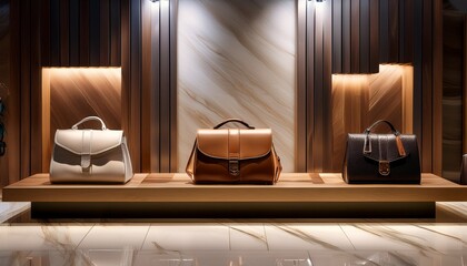 명품 가방 매장 내부, 고급스러운 가죽 가방