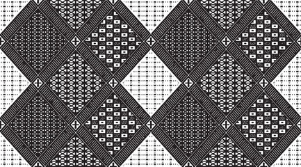 Obraz premium Black and white tileable pattern. Grunge worn damask pattern design. Distressed fabric texture. Overlay texture design. Vector illustration. Eps10.