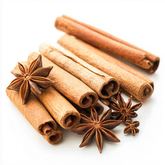 Cinnamon sticks and star anise on a white background