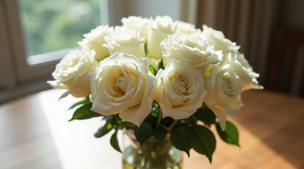 Obraz premium A stunning bouquet of fresh white roses elegantly arranged with delicate green leaves, placed in a glass vase on a wooden table