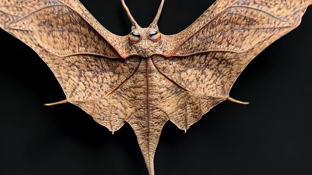 Unique giant moth with intricate patterns displayed against a black backdrop