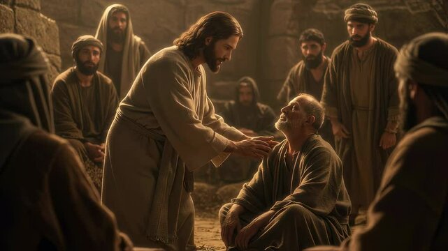 Jesus, healing and compassion with man helping sick person in ancient setting surrounded by followers for faith, kindness and hope. Biblical scene with robes, spirituality and community