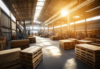 Large industrial warehouse filled with wooden pallets and machinery under warm sunlight streaming through the windows in the late afternoon