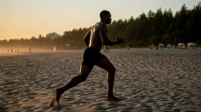 Running, beach and athletic man in shorts exercising on sand at sunset for fitness, health and training. Outdoor workout, summer and energy with motivation, endurance and sport challenge