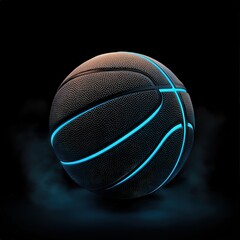 Vibrant Black Basketball with Blue Glow on Dark Background