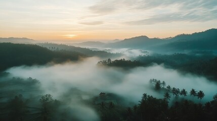 Fototapeta premium Scenic Misty Valley at Dawn with Rolling Hills Partially Covered in Fog, Evoking Peace and Connection to Nature