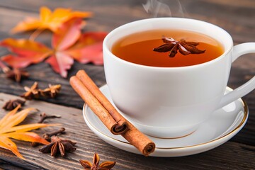 Warm autumn tea with cinnamon and star anise on rustic wooden table