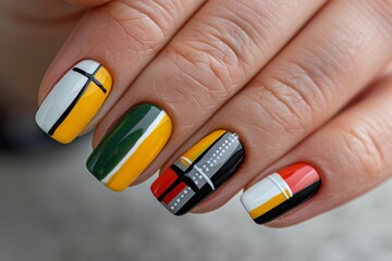 Colorful abstract nail art with geometric patterns on caucasian female hand