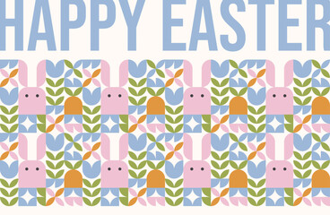 Happy Easter. Horizontal greeting banner, flyer with large typography and geometric style pattern with Easter bunnies and tulips. Colorful Easter geometric pattern.