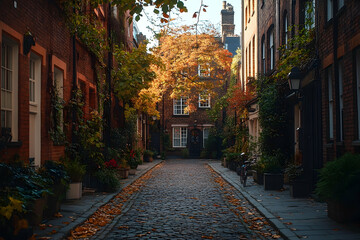 Fototapeta premium Charming autumn alleyway lined with red brick houses, vibrant foliage, and cobblestone path, inviting stroll
