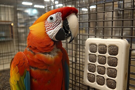 A vibrant parrot perches close to a food dispensing device