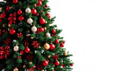 A majestic Christmas fir, richly adorned with ornaments, stands elegantly against a pristine white background, blue, festive