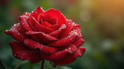 Close-up of a red rose with crystal-clear dewdrops on its velvety petals, reflecting soft morning light