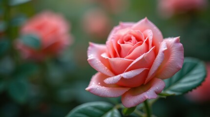 Obraz premium Close-up of a single pink rose blooming in a garden, surrounded by soft-focus green leaves and other roses in the background