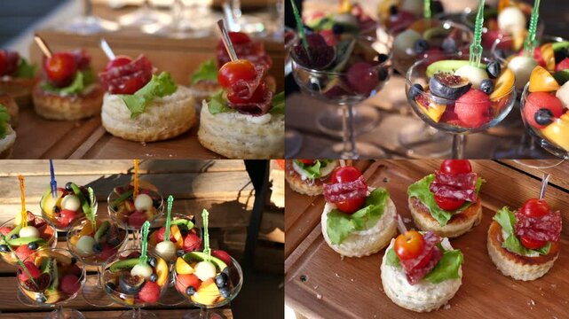beautifully decorated banquet table with appetizers canapes. buffet for the holiday.
