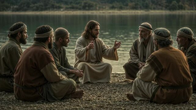 Jesus sitting on the shore of a calm lake surrounded by male disciples, teaching and talking in peaceful natural environment, wearing ancient robes, spiritual conversation in nature