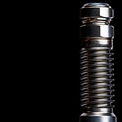 Close up of a Shiny Metallic Cylinder with Threaded Section Against Black Background