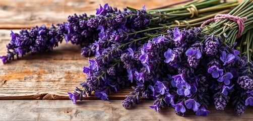 Fototapeta premium Deep purple lavender bundles on weathered wood table, wood, flowers
