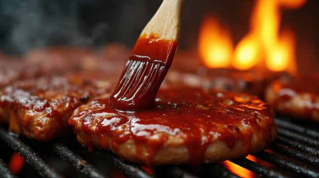 Close-up of thick BBQ sauce being brushed onto sizzling meat on a hot grill